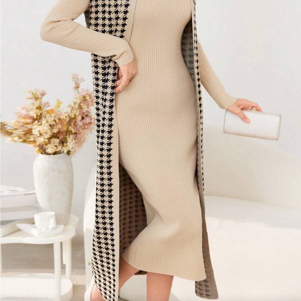 Beige and Black Houndstooth Long Cardigan Dress - Picture 6 of 14